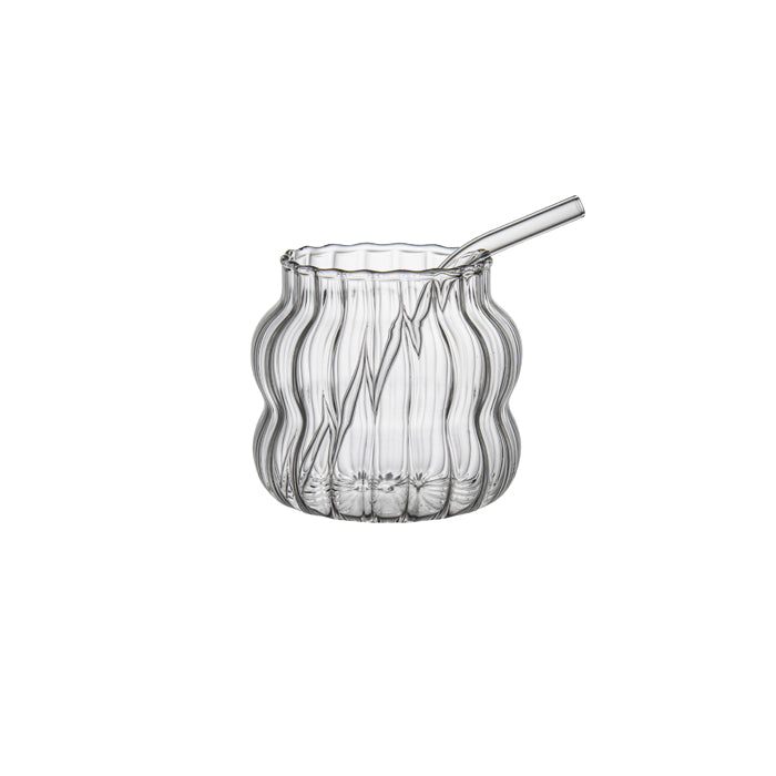 Punch Ribbed Glass Cup with Straw - Small