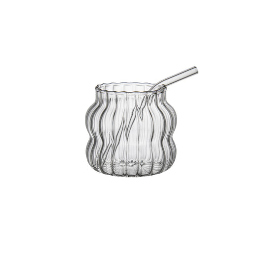 Punch Ribbed Glass Cup with Straw - Small
